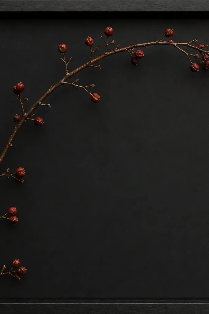 A black frame with matte black backing. A dried branch curves from bottom-left to top-right, with small red berries dotted along the curve in a sparse pattern. The center area stays empty.
