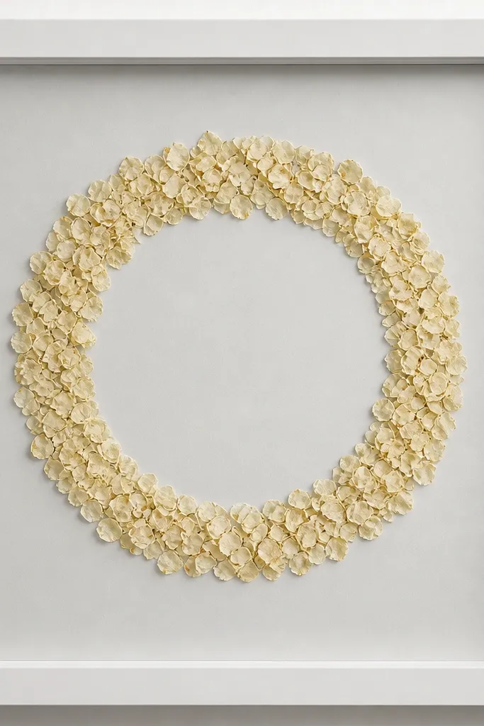 A white frame with light gray backing. Hundreds of tiny pressed cream rose petals form a thin ring in the center, like a donut shape. The center of the ring is blank.