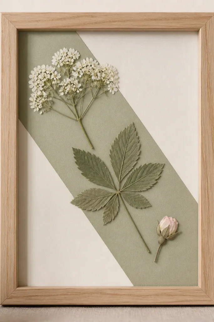A light wood frame with a diagonal strip of sage paper behind the flowers. Three pressed flowers sit on the diagonal strip: white blossoms at the top, a sage-green leaf cluster at the center, and a small pale pink bud at the bottom-right.