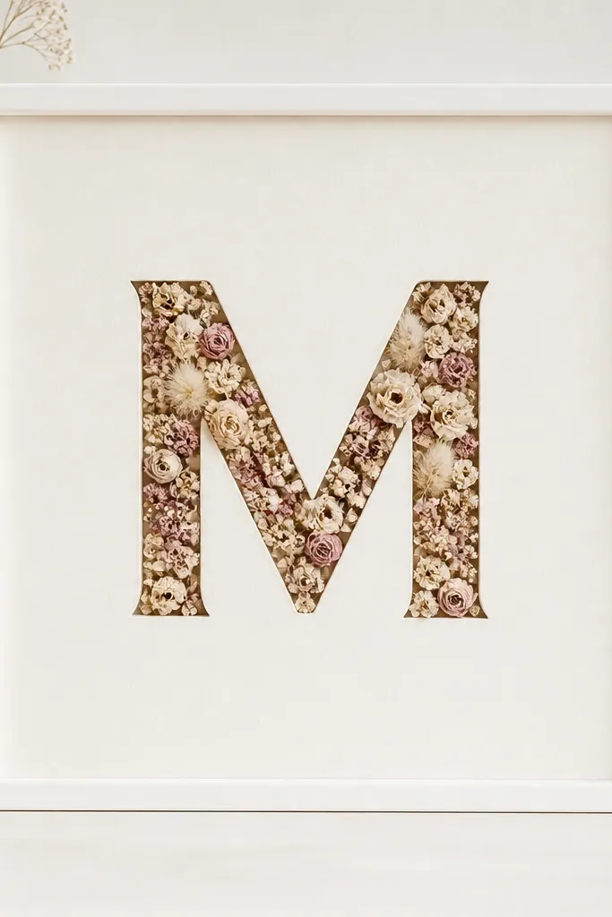 A minimalist white frame with off-white backing. A simple single-letter cutout (like an M shape) is filled with tiny dried flowers in muted pink and beige. The rest of the backing is blank.