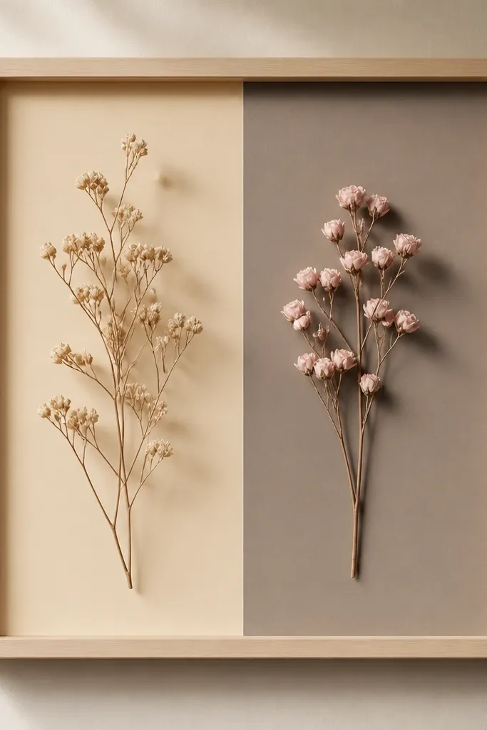 A two-tone frame with a backing split into two vertical blocks: left block is warm beige, right block is soft taupe. Dried botanicals sit in each block: small beige sprigs on the left, pale pink buds on the right. The split line is crisp.