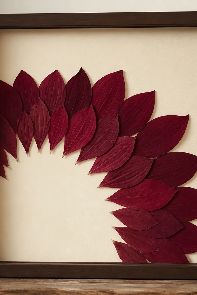 A dark walnut frame with matte cream backing. Deep wine and burgundy pressed dahlia petals form a fan shape from left to right, with petals overlapping lightly. The center is mostly empty behind the fan.