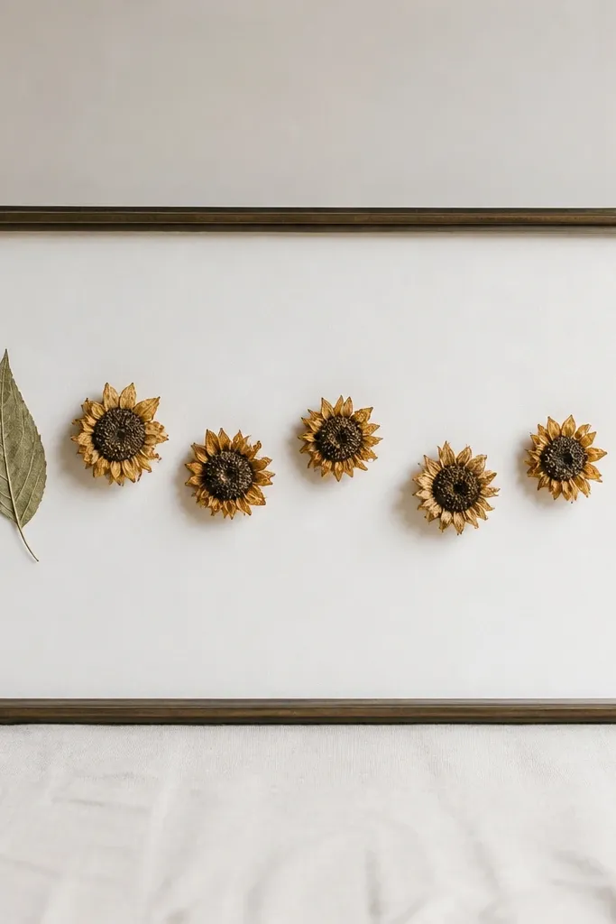 A clear-front frame with matte white backing. Several tiny dried sunflower heads sit in a staggered row across the middle, alternating slightly up and down. A single pale green leaf sits near the left end.