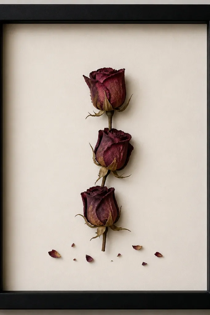 A black frame with matte off-white backing. Three dried rosebuds are stacked vertically, each slightly offset to the right. The center behind them is mostly blank, with a few tiny petals floating around the base.