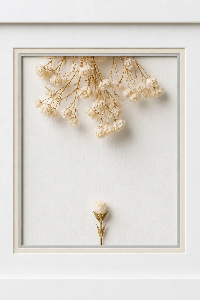 A layered craft paper frame inside a white main frame. The inner window is outlined by two thin paper borders in pale gray and cream. Dried blossoms sit inside the window: a small cluster at the top and a single bud at the bottom center.
