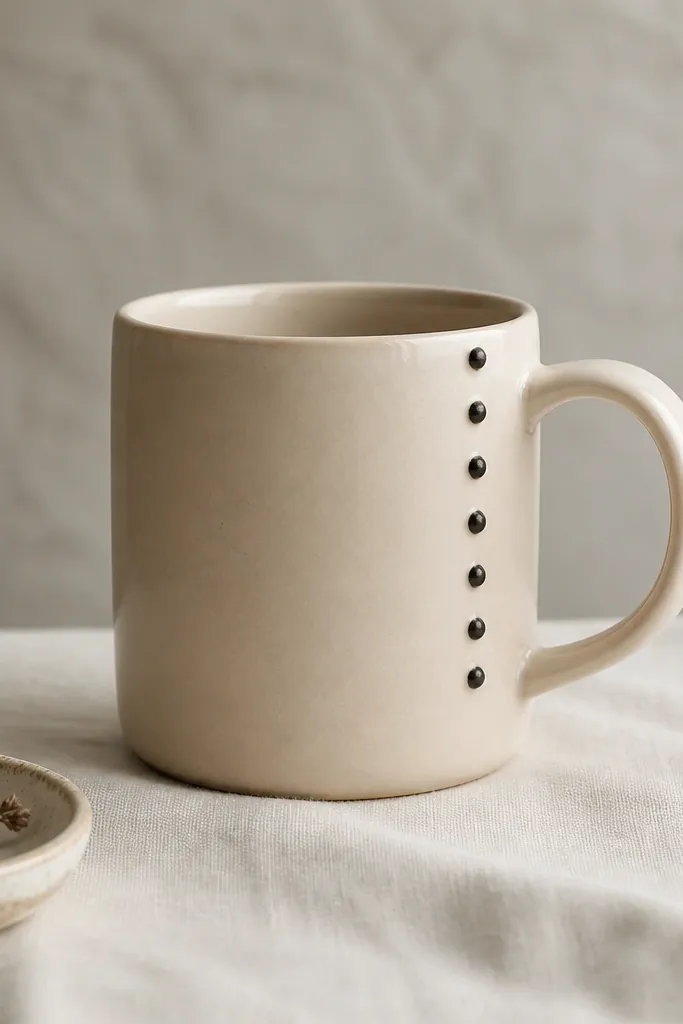 A light beige mug with a vertical column of 7 small charcoal dots starting near the handle base and stopping just below the rim. The dots are evenly spaced and slightly raised-looking.