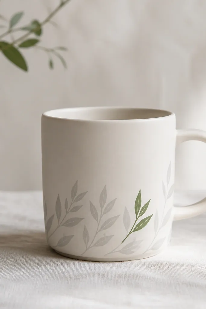 A matte off-white mug with a faint leaf pattern in light gray around the lower third. One leaf near the handle is colored muted olive-green, slightly darker than the rest.