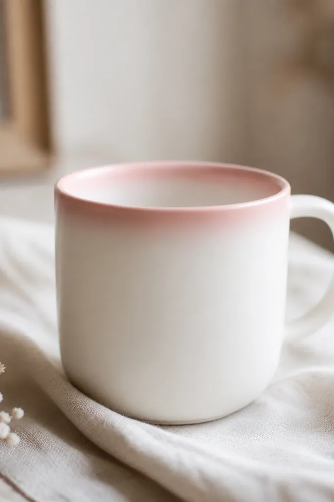 A white mug with a rim that fades from soft clay pink at the top edge into white within about 1/4 inch. The fade is smooth and clean, with no streaks.