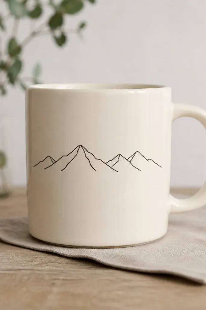 A cream mug with a single thin black line drawing of mountains, about 3 inches wide, placed on the side next to the handle. No shading, just clean outlines.