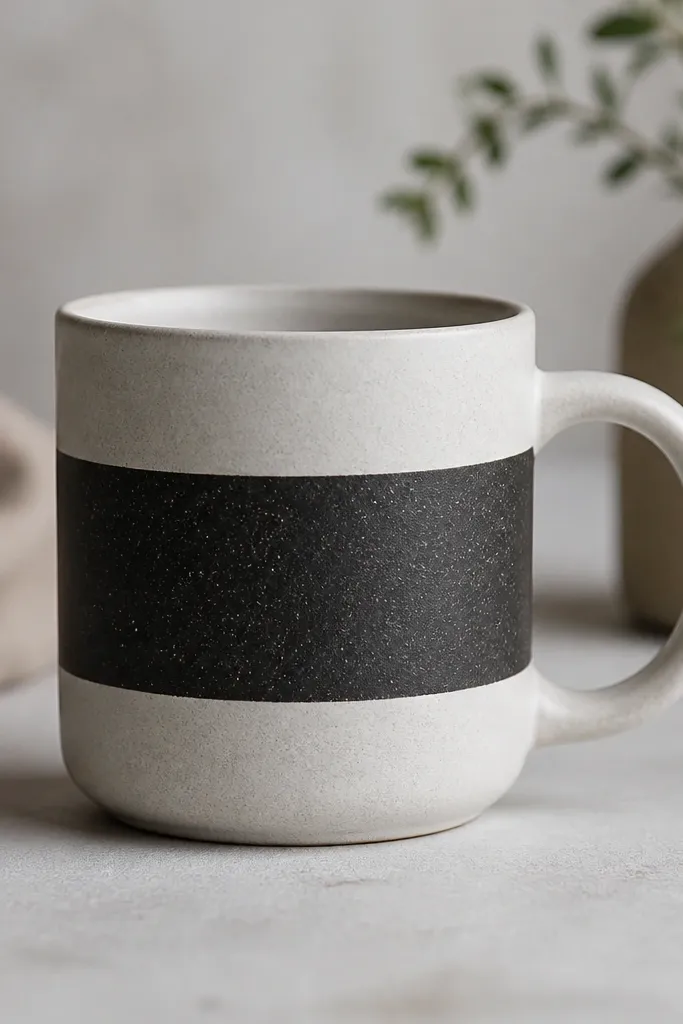 A pale gray mug with a satin black horizontal band across the center. The band has tiny speckles like fine pepper, not glitter.