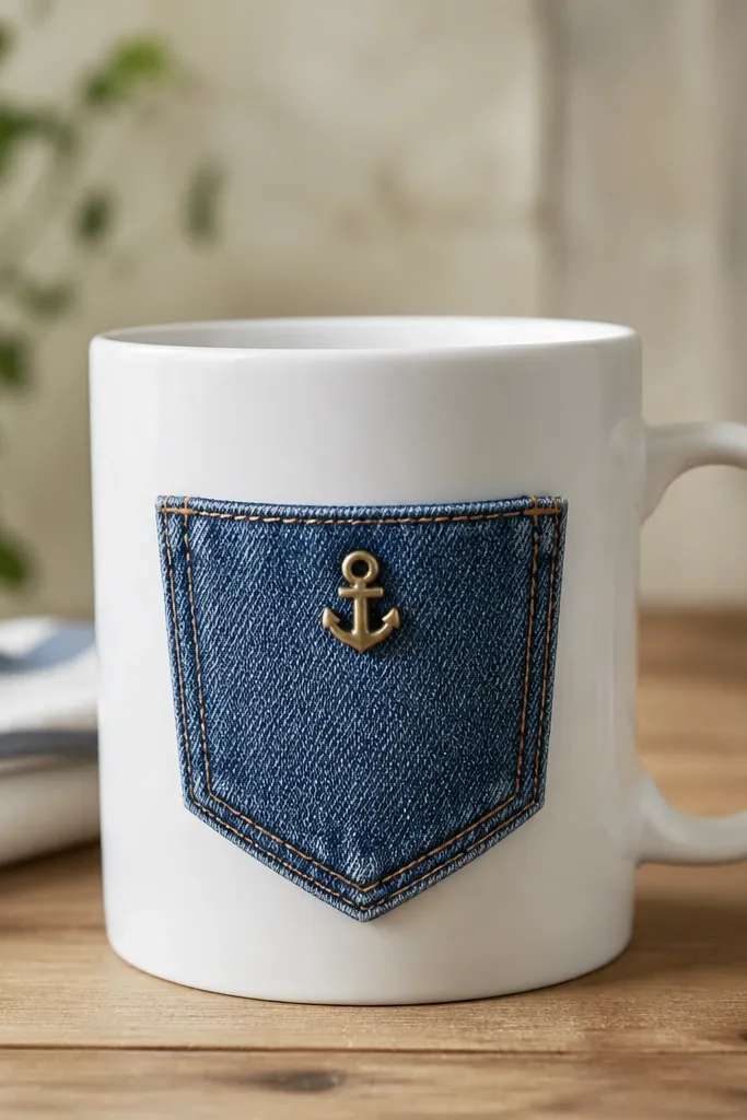 A white mug wrapped with a small denim patch on the side, shaped like a mini pocket. The denim has a stitched edge and a tiny anchor-shaped button.