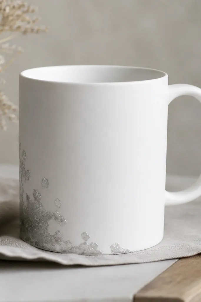 A matte white mug with a small silver leaf corner shape near the bottom left. The leaf flakes show irregular edges like real metal, with no full coverage.