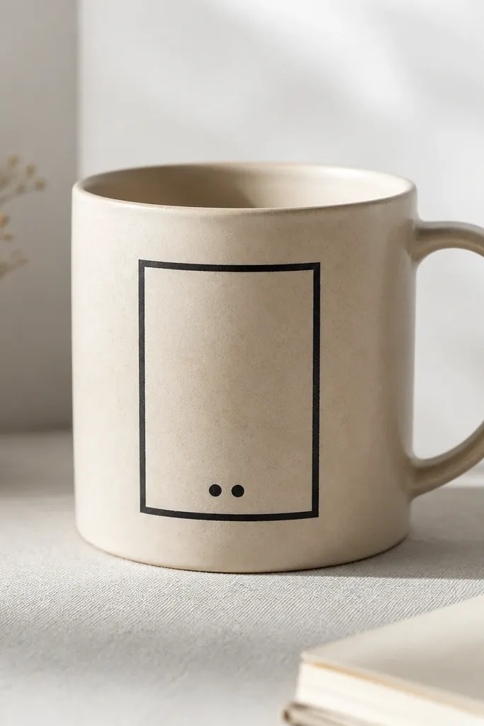 A light ceramic mug with a rectangular frame made from thin black washi tape. Inside the rectangle is the original mug color with no paint, and there are two small dots at the bottom of the frame.