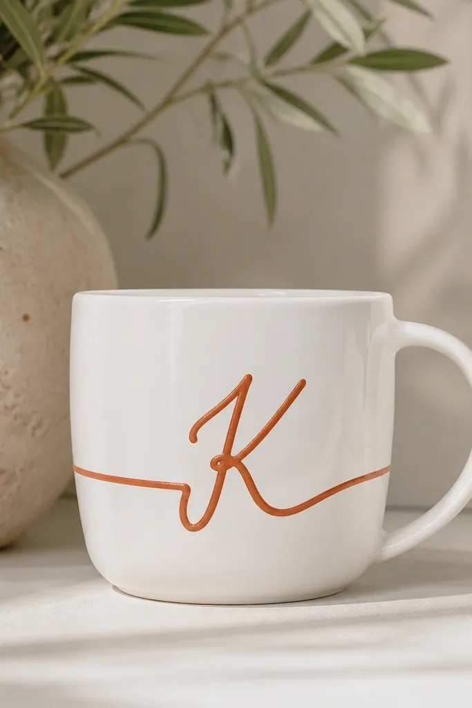 A white mug with a single-line monogram letter near the handle, painted in terracotta orange. The line is smooth and slightly raised like enamel.