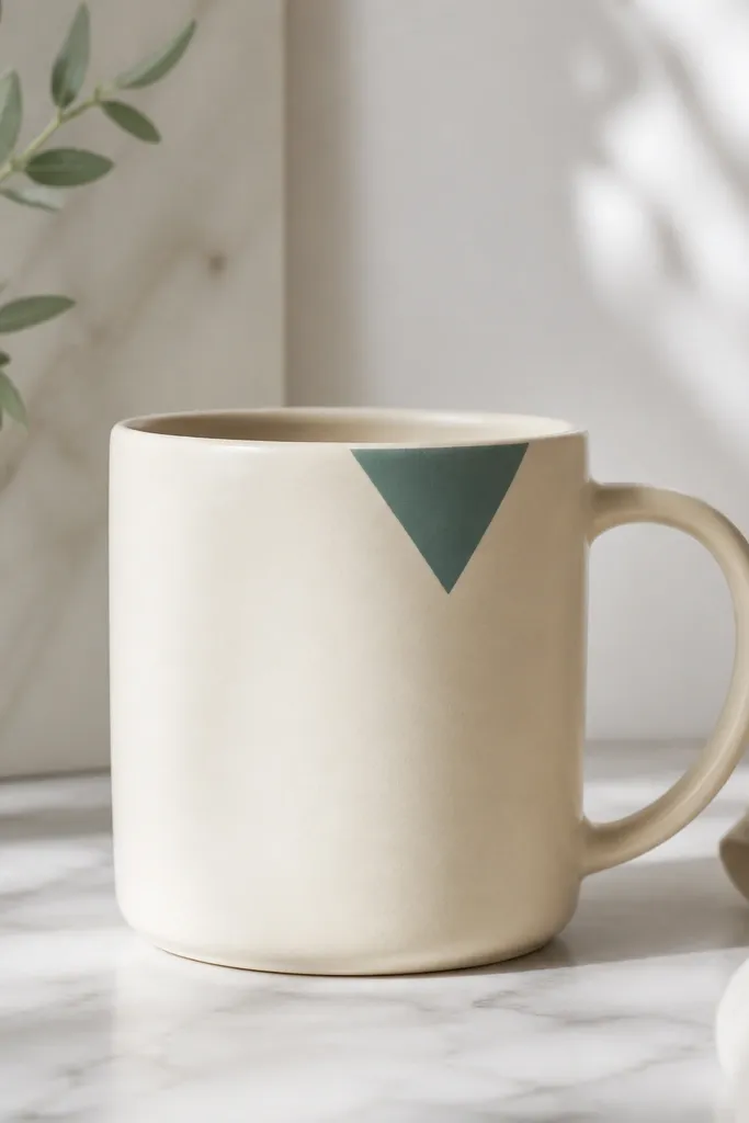 A cream mug with a small geometric triangle made from matte teal paint. The triangle sits above the handle, outlined by crisp tape edges.
