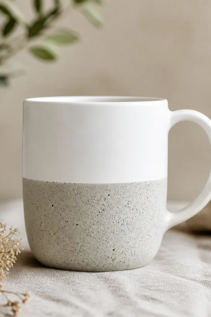 A white mug with a lower half covered in matte speckles in gray and black. The upper half stays completely white, with a straight boundary line.