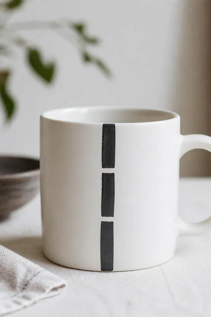 A white mug with a vertical charcoal band running from near the rim to the base. The band has three small interruptions like tiny gaps, making it feel hand-drawn.