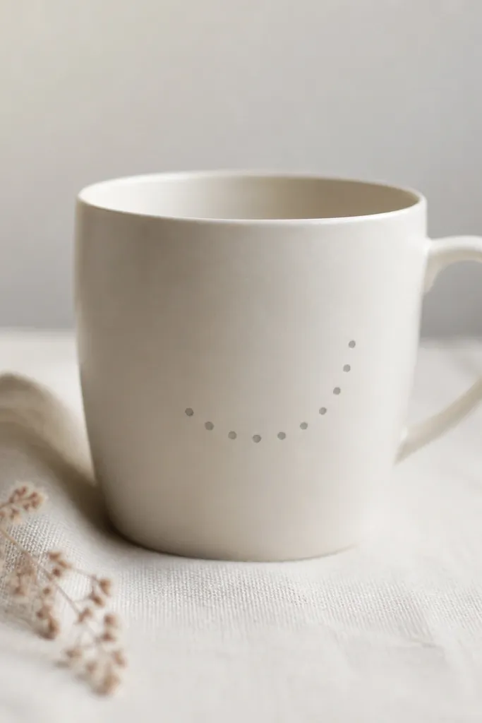 A pale mug with a small half-wreath of tiny light-gray dots near the handle. The dots form an arc, not a full circle.