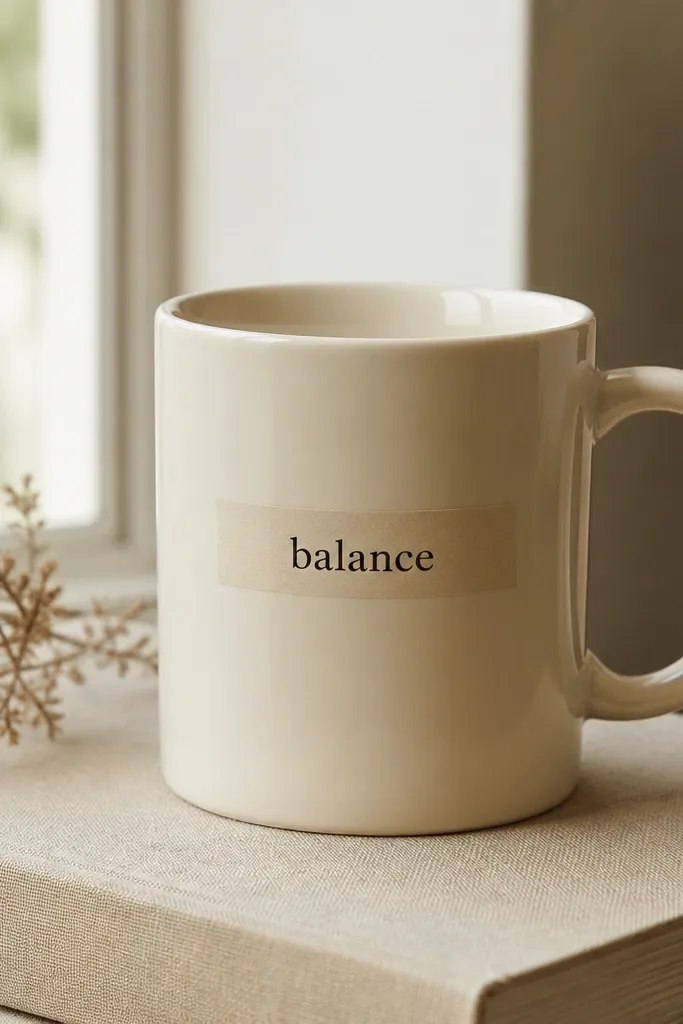 A cream mug with a narrow strip on the side containing a single word printed in black serif text. The strip looks like paper but is sealed so it lies flat.