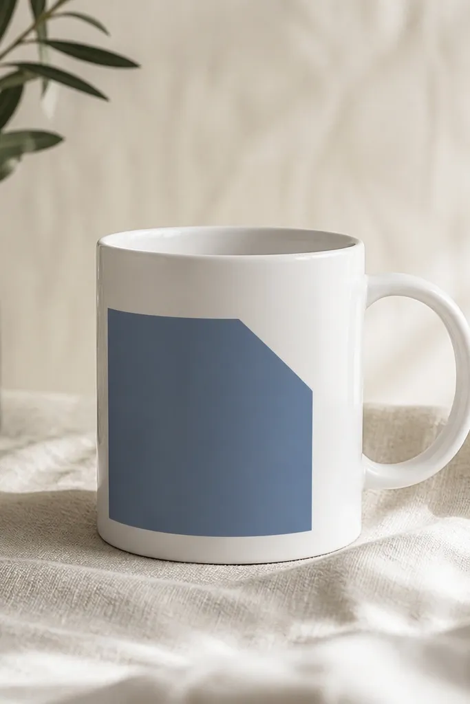 A white mug with a dusty blue quarter-panel shape on the side, like a rectangle with one corner cut. The edges are sharp and the blue is matte.