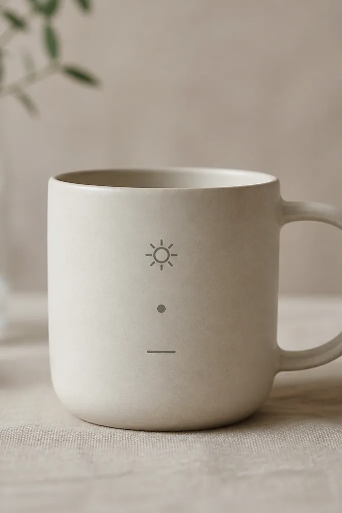 A light mug with three small icons stacked vertically: a simple sun outline at the top, a single dot in the middle, and a short horizontal line at the bottom. They're all in muted gray.