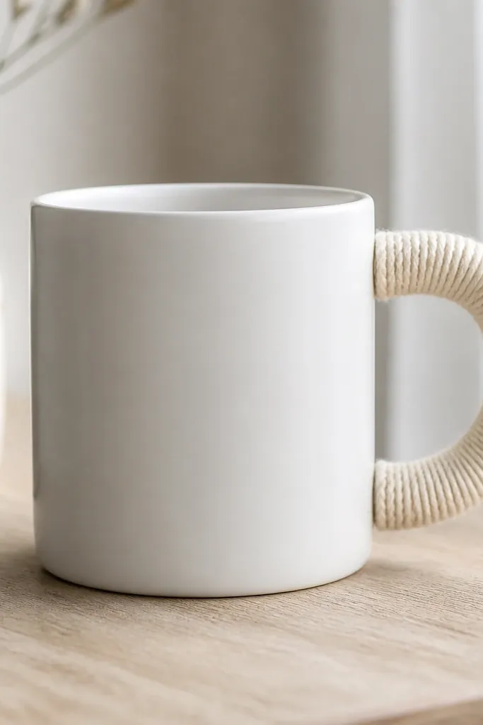 A white mug with a neat wrap of thick cream yarn around the handle only. The yarn sits evenly with no gaps, and the mug body stays plain.