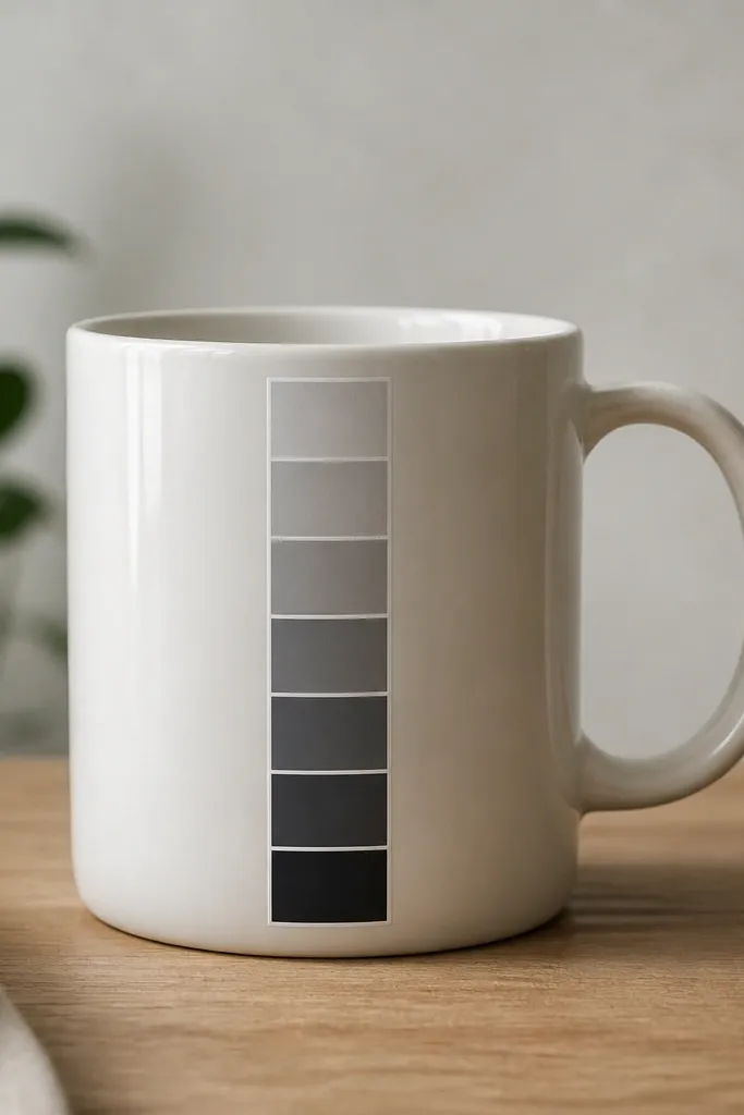 A mug with a vertical bar made from layered paint chips, forming a narrow strip. Each chip shows a different shade of gray, with a clean border around the strip.