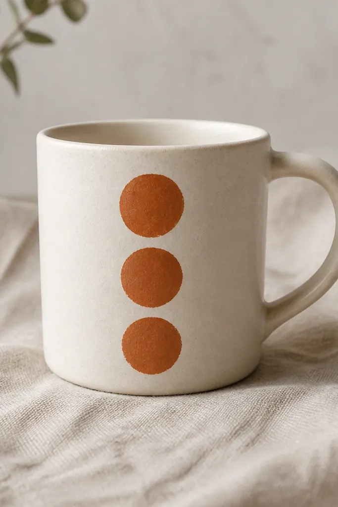 A cream mug with three stamped circles in matte terracotta arranged in a vertical line next to the handle. Each circle has a slightly imperfect edge like a rubber stamp.