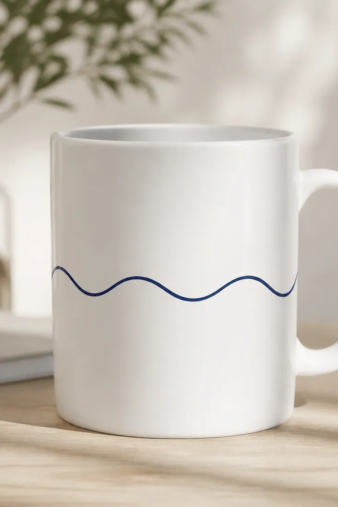 A white mug with a single thin navy wave line wrapping across the middle. The rest of the mug is blank and smooth.