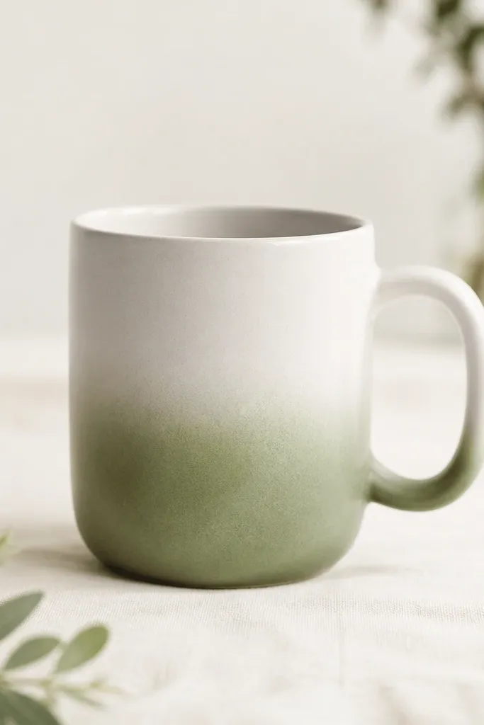 A light mug with a soft, sponge-blurred halo in sage green across the bottom third. The halo edge is fuzzy and fades upward into white.