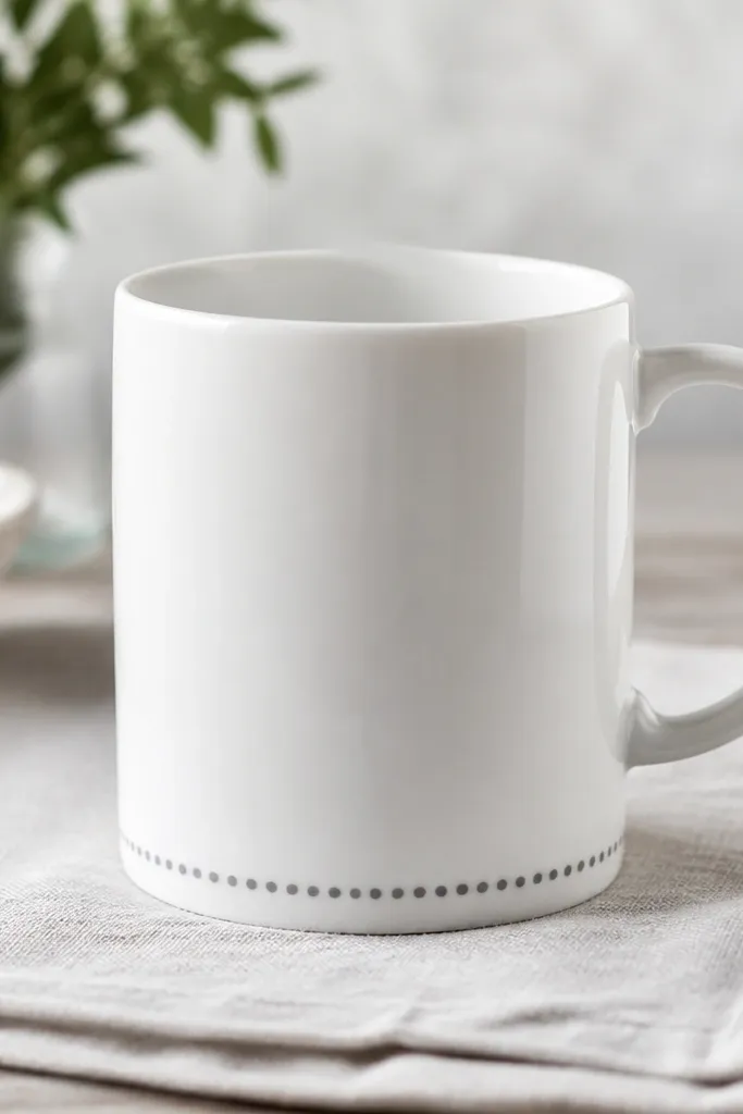 A white mug with a ring of small gray dots around the very bottom edge. The dots form a consistent circle, like a subtle border.