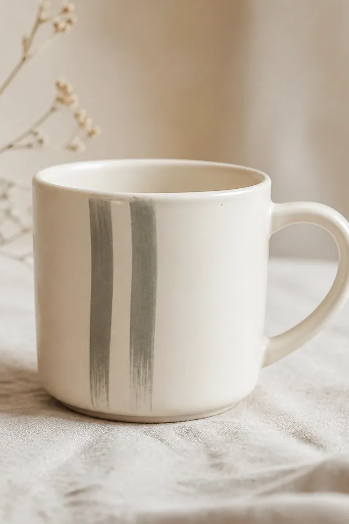 A cream mug with two thin gray vertical stripes on one side. The stripes have uneven brush edges and slightly feathered ends.