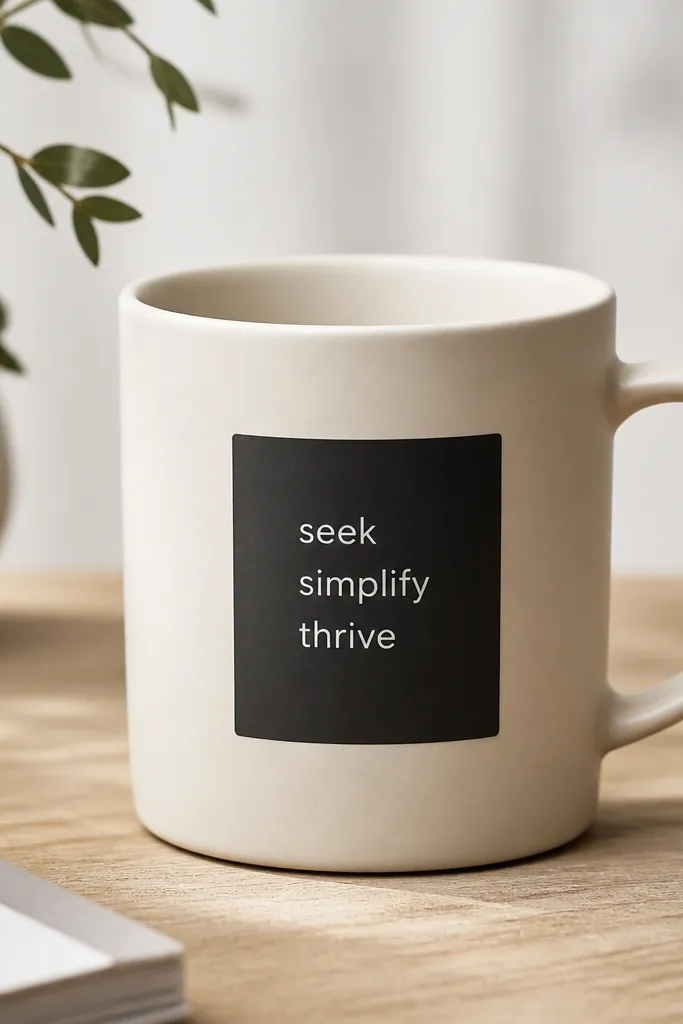 A pale mug with a matte black rectangular tag on the side. Inside the tag is white text with exactly three words in a simple sans font.
