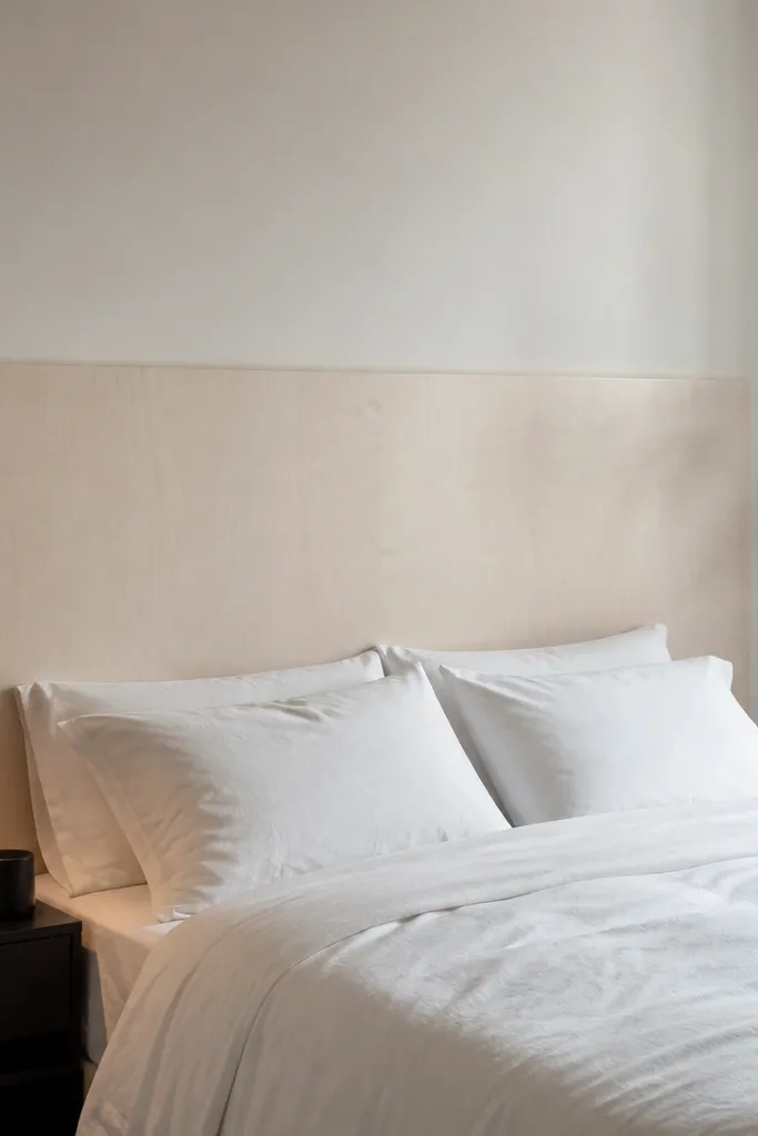 Warm white plywood panel headboard mounted to the wall
