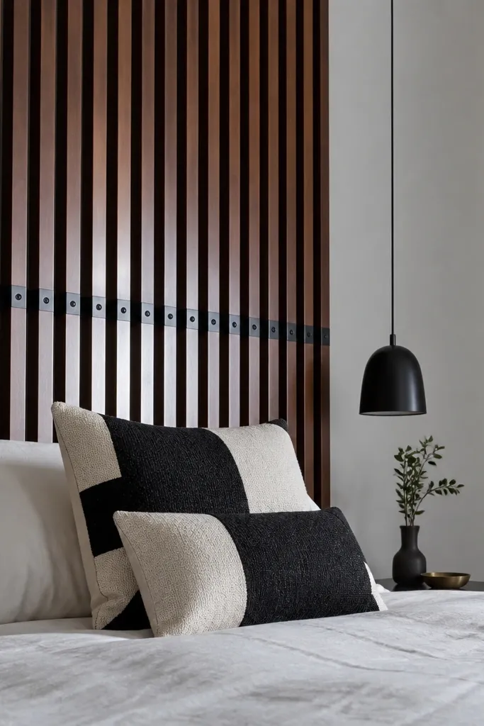 Walnut-stained vertical slats with black metal mounting brackets