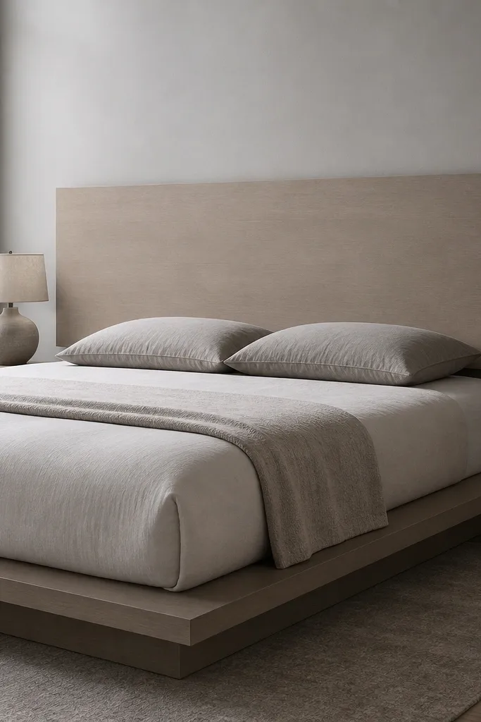 Minimal headboard panel that appears to float above the bed frame