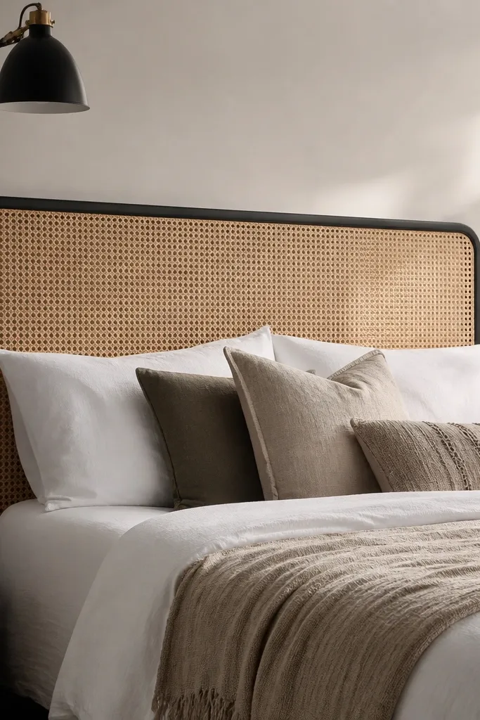Matte black frame with tan cane webbing headboard