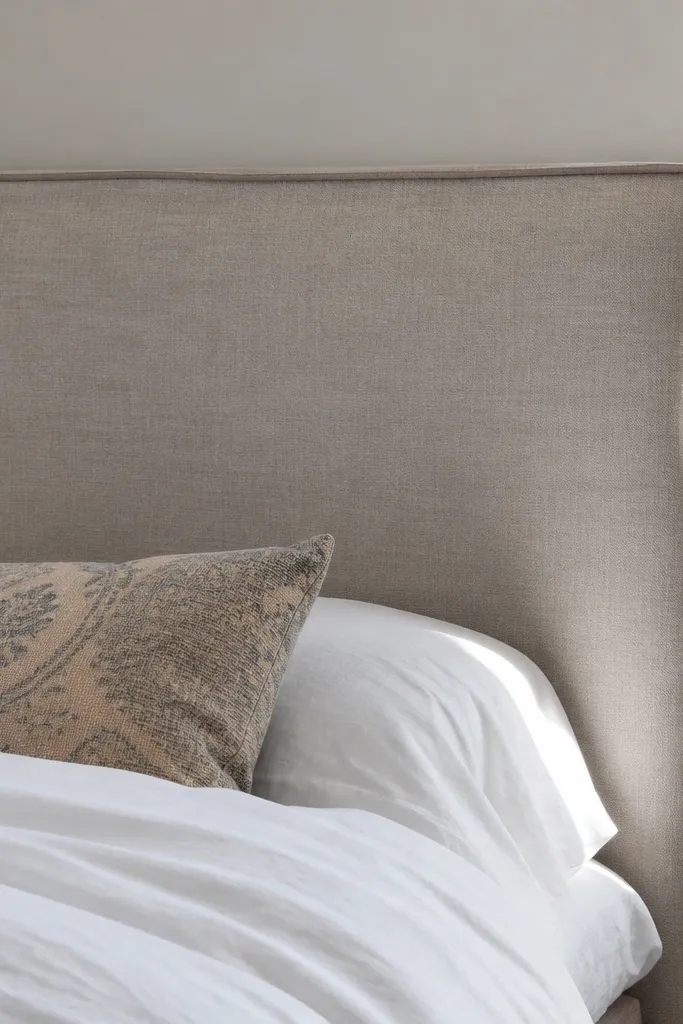 Upholstered headboard with crisp piping along the outer edge