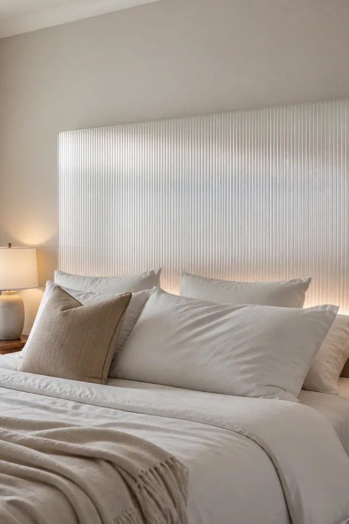 Frosted reeded acrylic panel headboard mounted on a minimal frame
