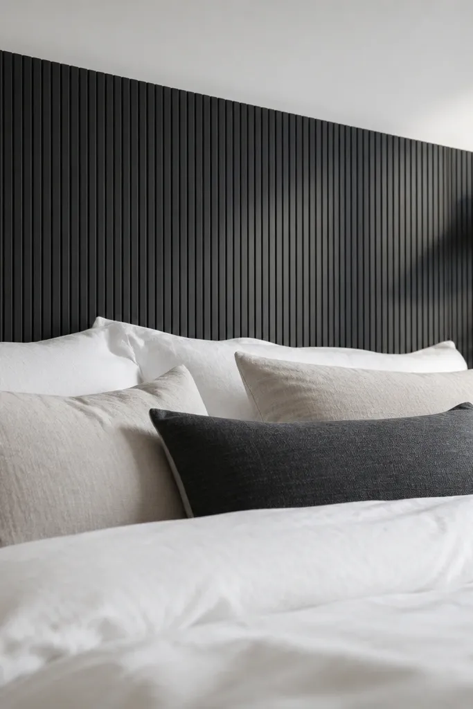Matte charcoal slatted headboard with very small spacing between slats