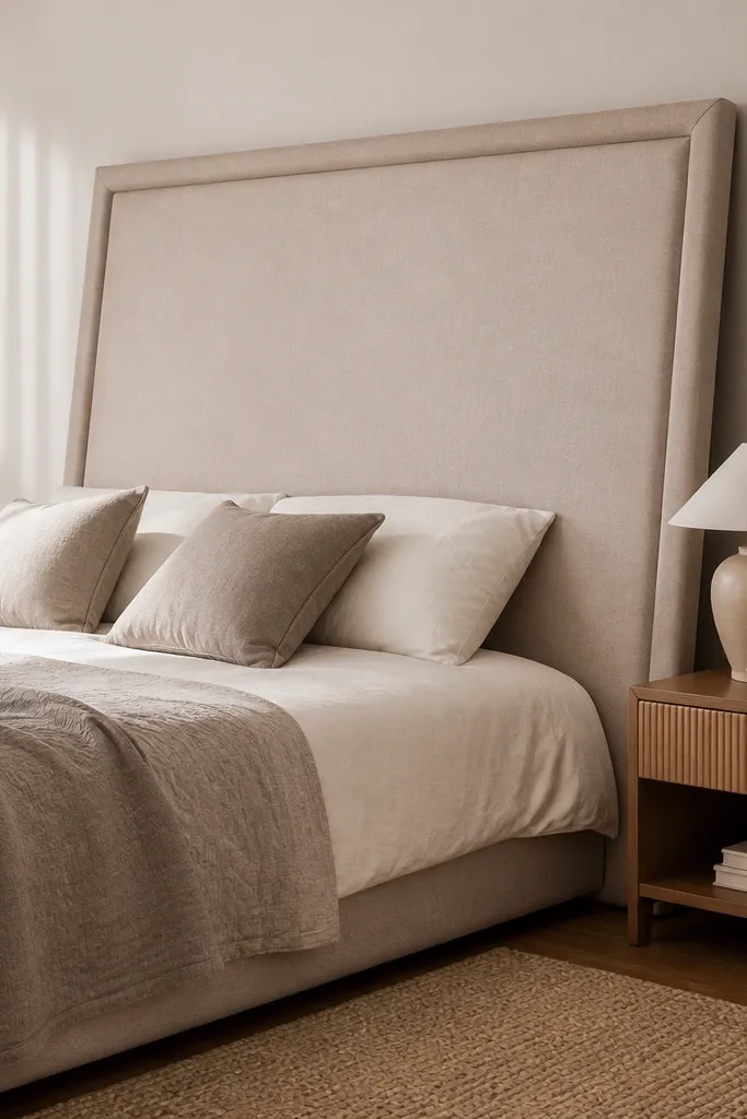 Large upholstered panel leaning behind the bed with a simple clean border