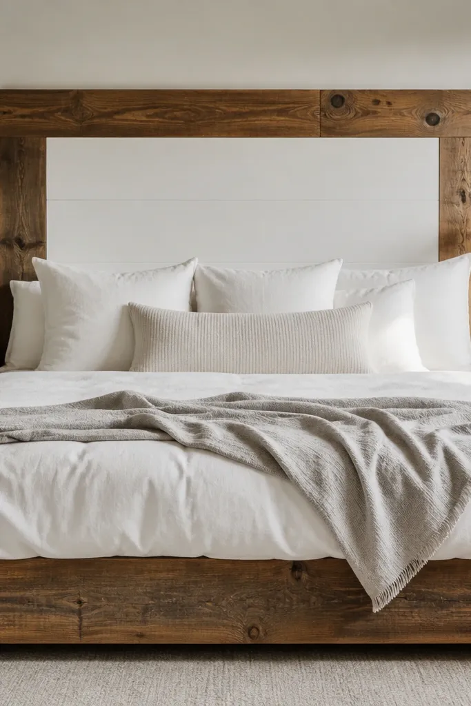 Reclaimed wood frame with a single smooth center panel headboard