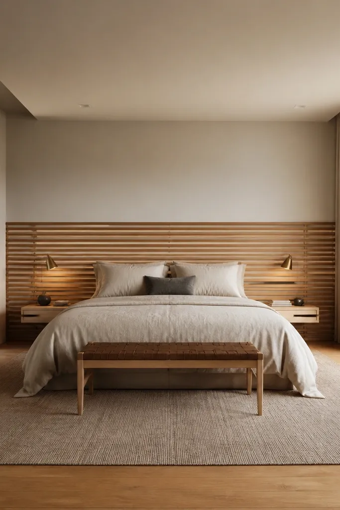 Light wood horizontal slats with a thin gap line across the headboard