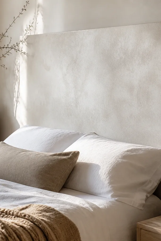 Matte limewash textured headboard panel in soft neutral tones
