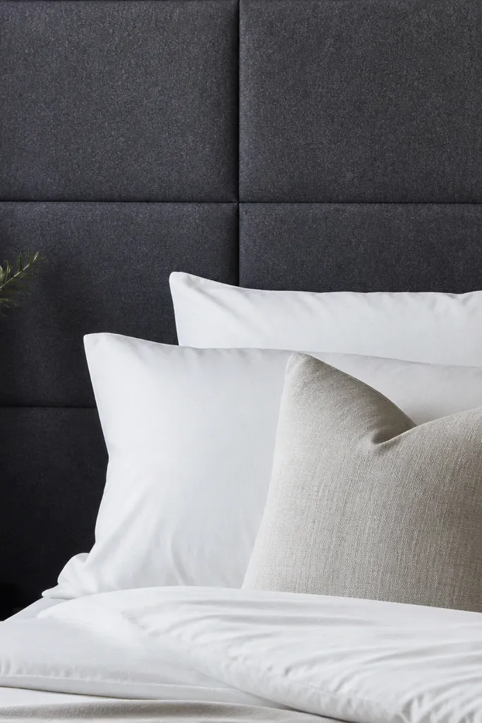 Charcoal felt panel headboard with straight seam lines