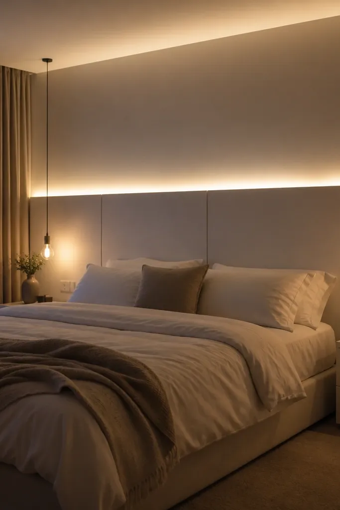 Matte white headboard panel with subtle light glow along the top edge