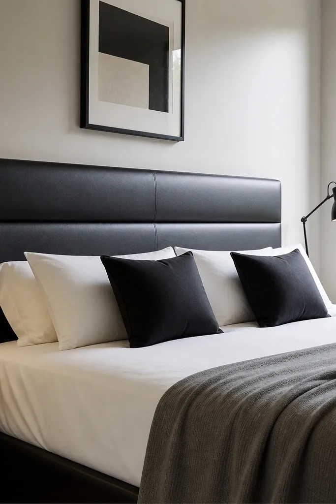 Leather-look vinyl headboard with a single vertical channel detail