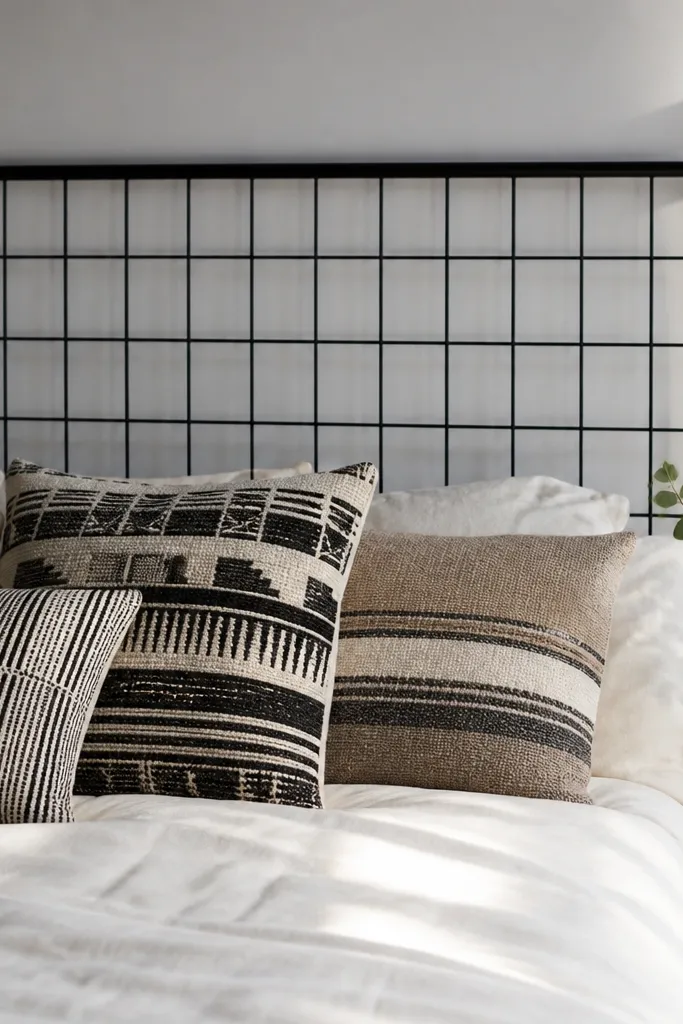 Matte black metal grid headboard with thin lines and open negative space