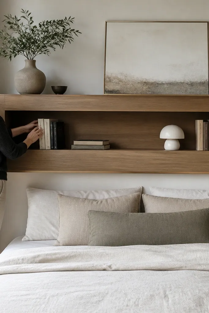 Minimal headboard with a floating shelf line and hidden storage compartment