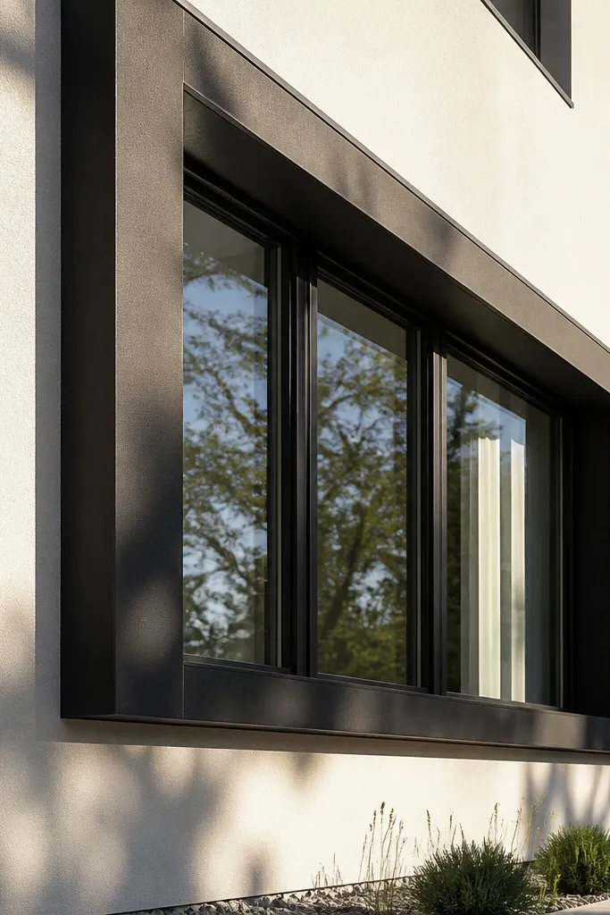 Light grey rendered facade with dark window frames and a thin shadow gap line